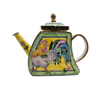 Vintage Kelvin Chen Enamel on Brass Handpainted‎ Mini Teapot Rooster